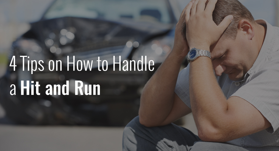 blog image: upset man with a wrecked car in the background; blog title: 4 tips on how to handle a hit and run